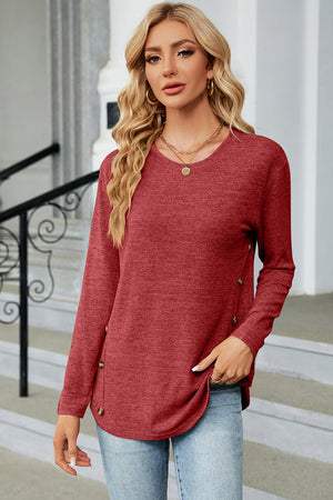 Rust long sleeve top with side button detail and slit hem