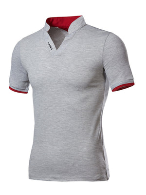 Grey cotton men's undershirt with notched V-neck and red trim details.