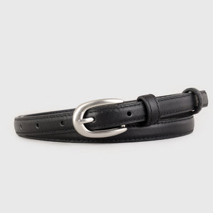 Black leather skinny belt with silver buckle and keeper loop