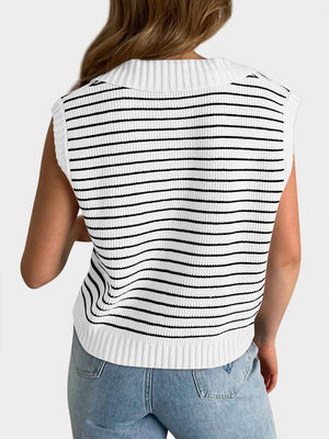 White ribbed knit polo vest with black horizontal stripes and a collar.