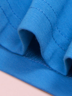 Blue crew neck t-shirt detail showing stitching and fabric texture.