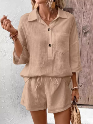 Khaki cotton two-piece set with buttoned collared shirt and drawstring shorts