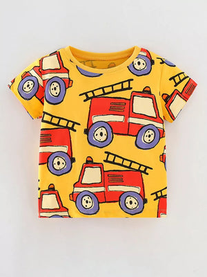 Yellow toddler t-shirt with all-over red fire truck print, short sleeves, and crew neck.