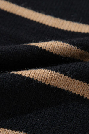 Chunky stripe button-down cardigan in black and beige acrylic knit.
