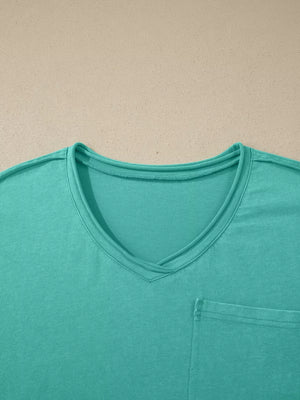 Teal mineral wash cotton v-neck tee with a chest pocket.