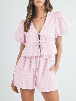 Plaid puff sleeve tie-front crop top and drawstring shorts set in blush pink.