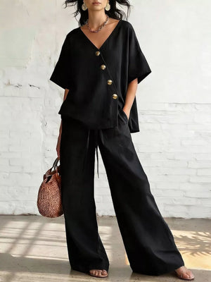 Full Size Surplice Half Sleeve Top And Wide-leg Pants Set, back view