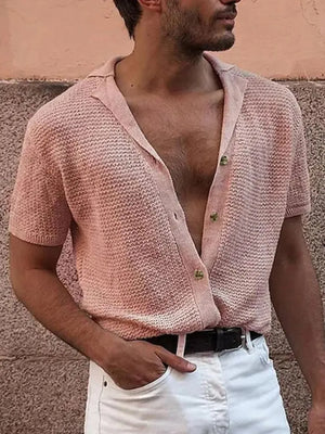 Textured knit resort shirt in Dusty Pink with button front and spread collar.