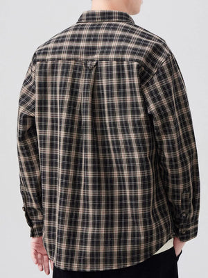 Refined Plaid Long Sleeve Men's Shirt in Army Green with button-down front and chest pocket.