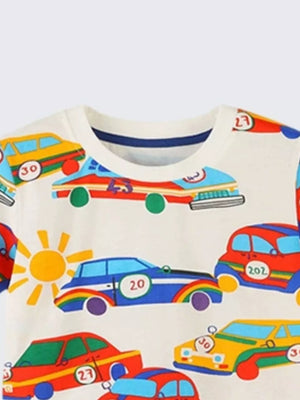 Toddler t-shirt in cream with a playful racing car print and sun graphic, cotton.