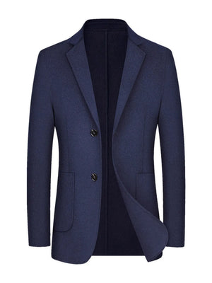 Navy wool classic fit men's blazer with two-button closure and flap pockets.