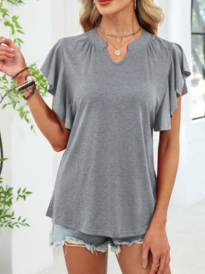 Gray ruffled sleeve notched V-neck tee with gathered neckline.