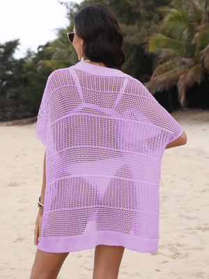 Lavender open-knit polo beach dress with short sleeves and a relaxed fit, worn over a swimsuit.