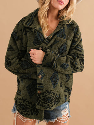 Overshirt jacket in Black Forest sherpa with bold Aztec pattern, button front and chest pocket.