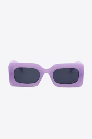 Lavender acetate rectangle sunglasses with dark lenses and thick frames.