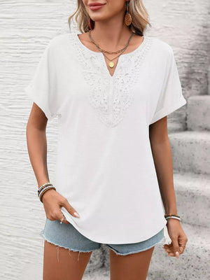 White relaxed fit t-shirt with lace trim neckline and short sleeves