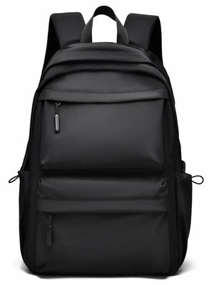 Black urban commuter backpack with multiple exterior zip pockets and adjustable straps.
