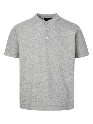 Men's grey t-shirt with band collar and button detail