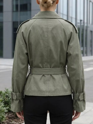Lapel Collar Belted Cropped Trench in Moss, back view