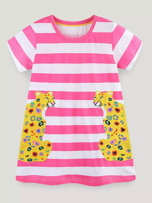 Toddler girls pink and white striped cotton dress with playful leopard print pockets.