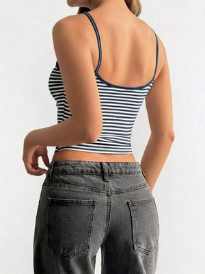 Striped Lace Trim Cami in Blue, close-up detail