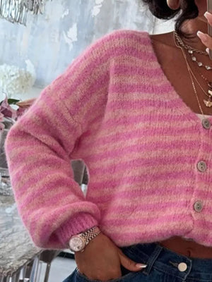 Pink and cream striped knit cropped cardigan with buttons.