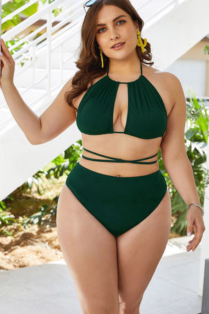 Green halter bikini with keyhole cutout top and high-waist bottoms.