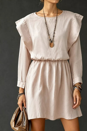 Ruffled Round Neck Long Sleeve Dress in Eggshell, model styling view