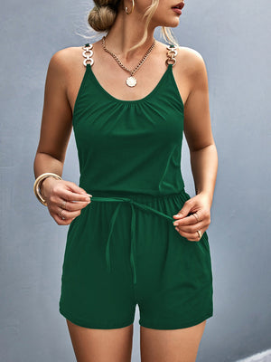 Dark green chain-strap drawstring romper with gathered neckline and cinched waist