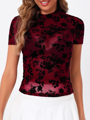 Burgundy velvet floral mesh mock neck top with short sleeves.
