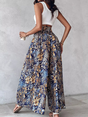 Bohemian print wide-leg pants in dark navy with smocked waist detail