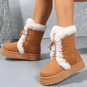 Brown suede lace-up platform ankle boots with white faux fur trim