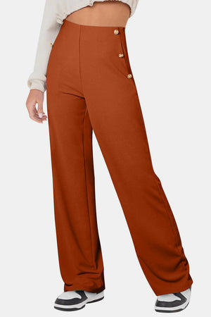 Button detail wide leg trousers in caramel with gold buttons.