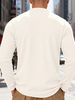 Men's long sleeve cotton Henley t-shirt in white, showing the back view.