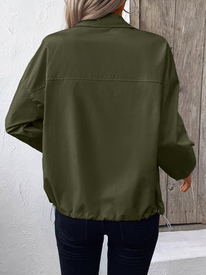 Army green nylon bomber jacket with drawstring hem and relaxed fit.