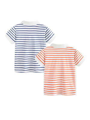 Two baby polos, one coral striped and one dusty blue striped, with white collars and short sleeves.