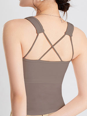 Sculpted Back Crop Tank in Dust Storm with criss-cross strap detail.