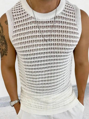 Ivory openwork knit tank top with crew neck and breathable acrylic blend.