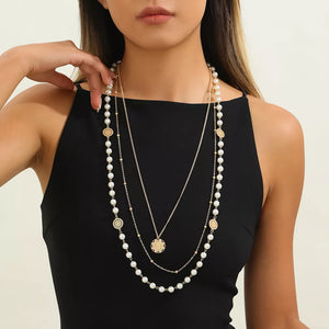 Multi-layered Pearl And 18k Gold-plated Necklace in Gold, front view