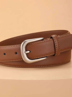 Brown cowhide leather belt with silver buckle and contrast stitching.