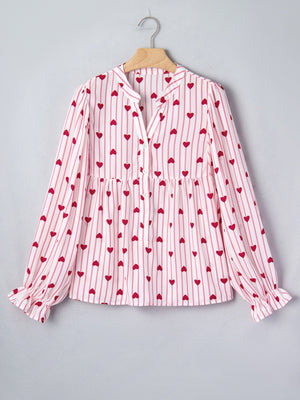 Blush pink maternity blouse with red hearts and stripes, button front, flounce sleeves.