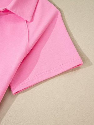 Pink cotton bikini top with V-neck and drawstring detail