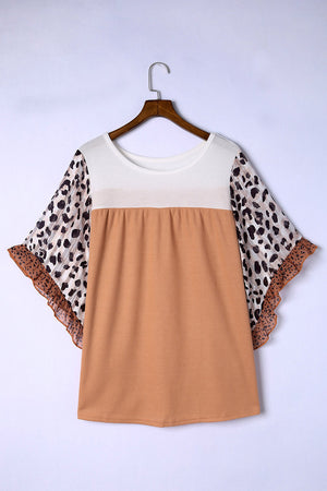 Colorblock waffle knit top with leopard print flutter sleeves and ruffled trim