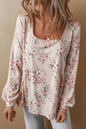 Floral print peplum blouse with square neck and long sleeves