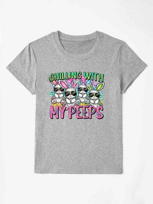 Gray t-shirt with cartoon bunnies wearing sunglasses and "MY PEEPS" graphic.