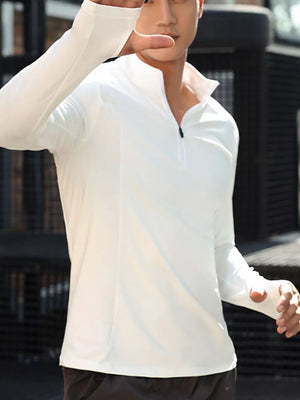 Men's white quarter-zip active t-shirt with thumbholes and a breathable fit.