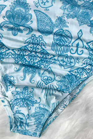 Light blue one-piece swimsuit with intricate blue geometric and paisley print