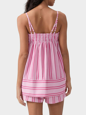 Pink striped smocked cami and shorts set with adjustable straps and a banded hem.
