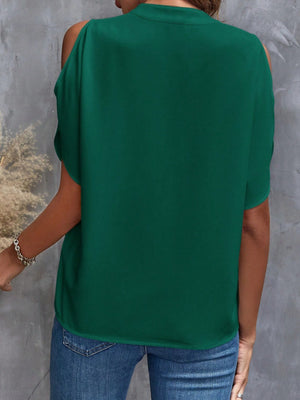 Dark green polyester blouse with open shoulders and short sleeves.