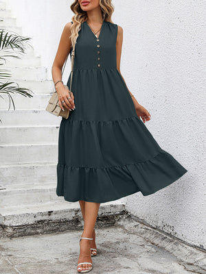 Dark green sleeveless midi dress with button-down front and tiered ruffles.